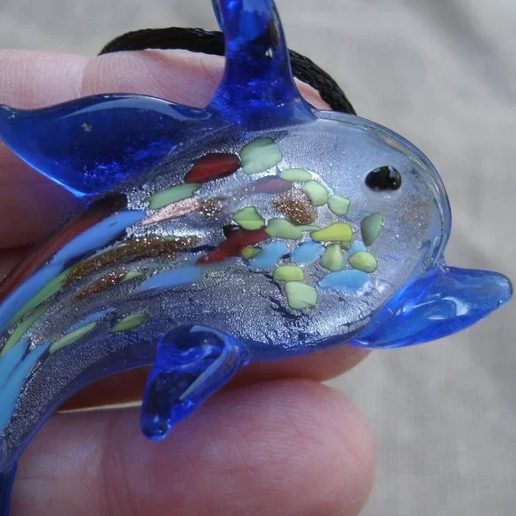 Murano Glass Blue Dolphin Pendant Necklace - Picture 9 of 15